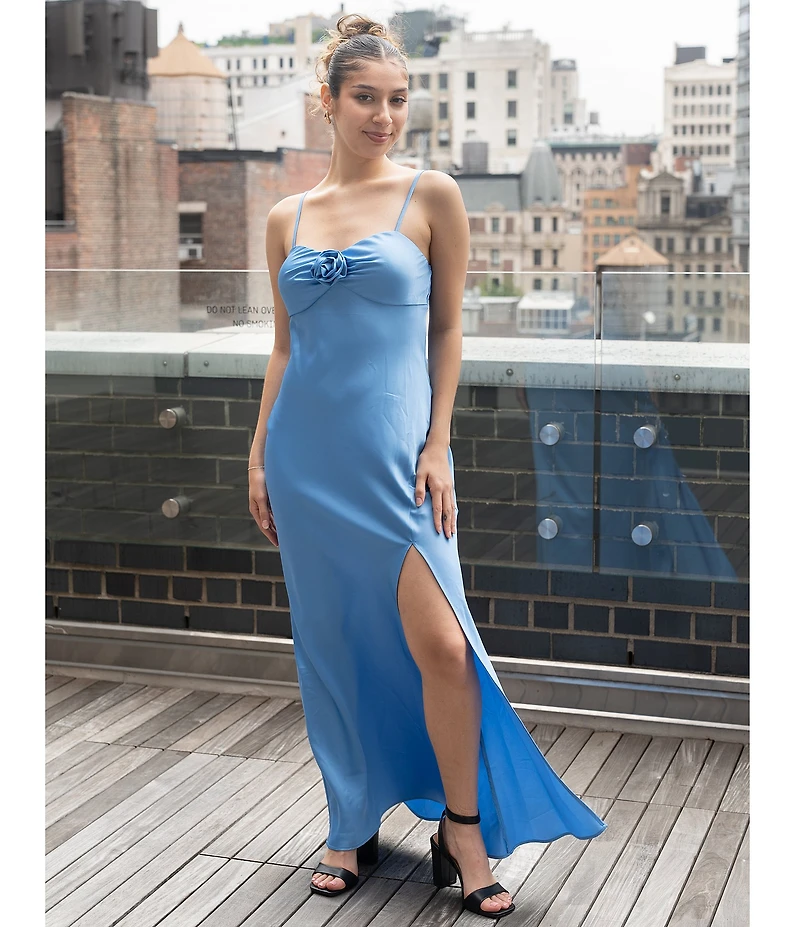 Dear Moon Satin Sweetheart Neck Rosette Long Dress