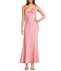 Dear Moon Satin Tie Shoulder Twist Front Midi Dress