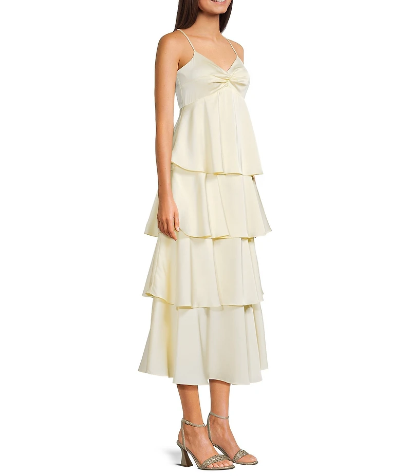 Dear Moon Satin Twist Front Ruffle Tiered Midi Dress