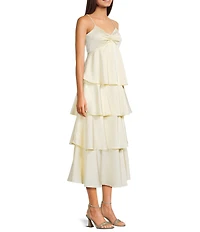 Dear Moon Satin Twist Front Ruffle Tiered Midi Dress