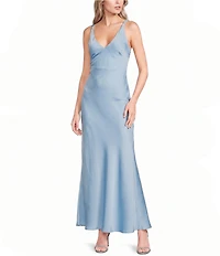 Dear Moon Satin V-Neck Knotted Strap Maxi Slip Dress
