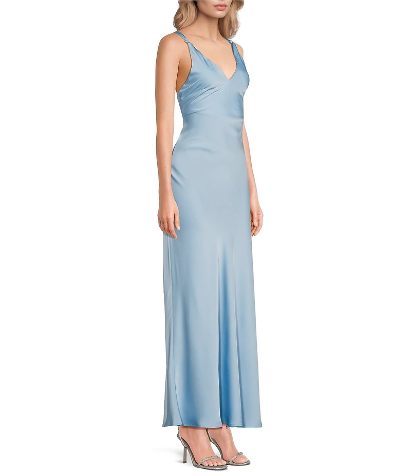 Dear Moon Satin V-Neck Knotted Strap Maxi Slip Dress