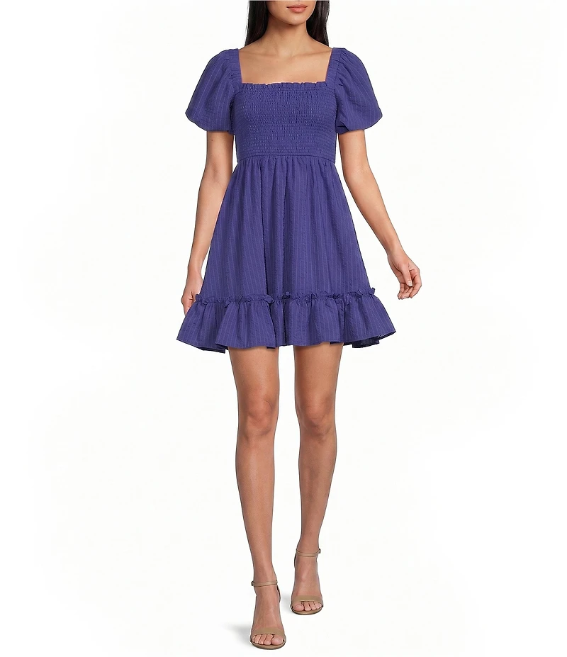 Dear Moon Seersucker Bubble Sleeve Smocked Bodice Tie Back Dress