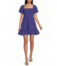 Dear Moon Seersucker Bubble Sleeve Smocked Bodice Tie Back Dress