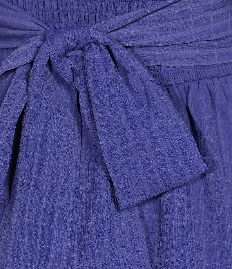 Dear Moon Seersucker Bubble Sleeve Smocked Bodice Tie Back Dress