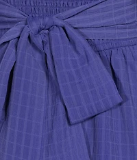 Dear Moon Seersucker Bubble Sleeve Smocked Bodice Tie Back Dress