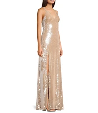 Dear Moon Sequin Mesh V-Neck Side Slit Long Dress