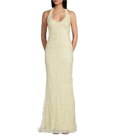 Dear Moon Sequin Patterned Halter Neck Long Dress