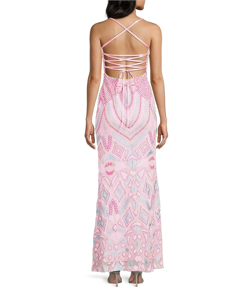 Dear Moon Sequin Patterned Lace Up Back Fitted Dress