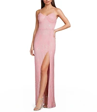 Dear Moon Sequin Patterned Sweetheart Neck Side Slit Dress