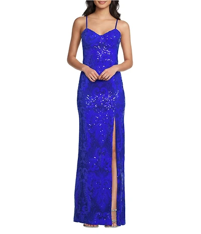 Dear Moon Sequin Patterned Sweetheart Neck Side Slit Dress