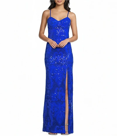 Dear Moon Sequin Patterned Sweetheart Neck Side Slit Dress