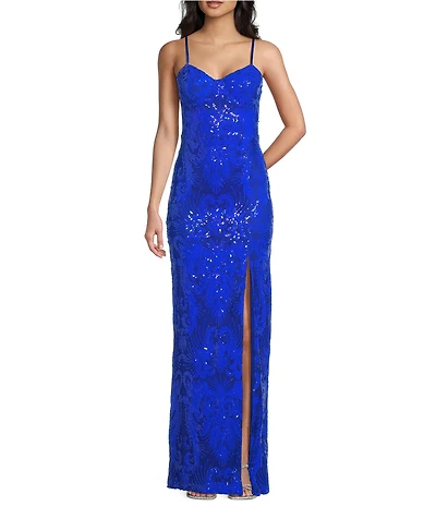 Dear Moon Sequin Patterned Sweetheart Neck Side Slit Fitted Dress