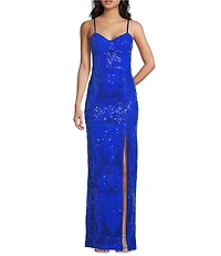 Dear Moon Sequin Patterned Sweetheart Neck Side Slit Fitted Dress