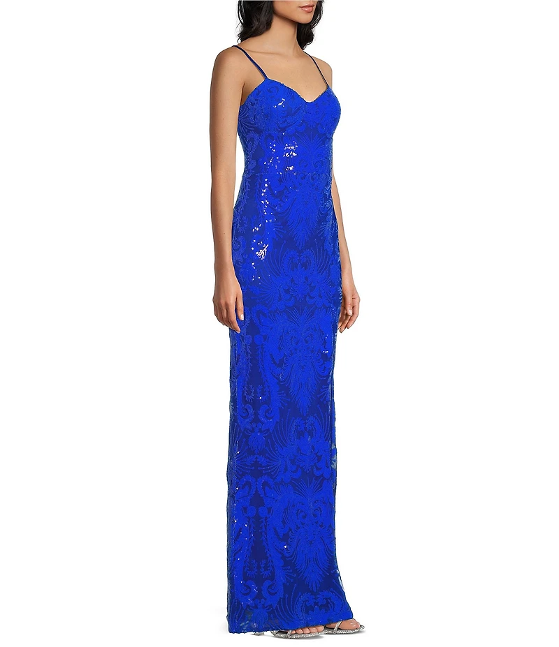 Dear Moon Sequin Patterned Sweetheart Neck Side Slit Fitted Long Dress
