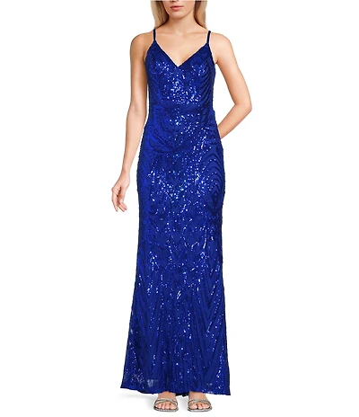Dear Moon Sequin Patterned V-Neck Satin Tie Back Dress