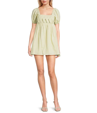 Dear Moon Square Neck Basketweave Puff Sleeve Dress