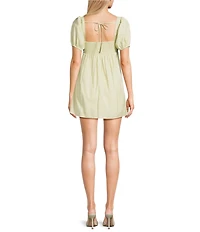 Dear Moon Square Neck Basketweave Puff Sleeve Dress