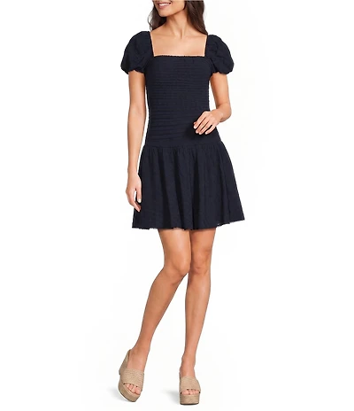 Dear Moon Square Neck Puff Sleeve Drop Waist Dress