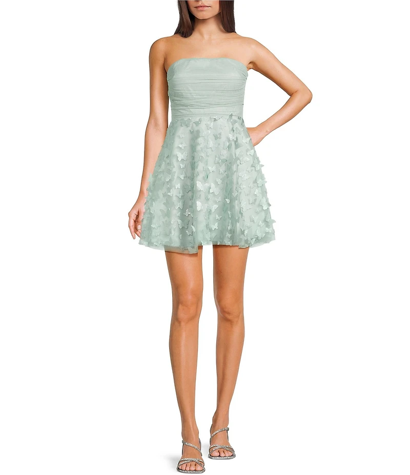 Dear Moon Strapless Glitter Mesh 3D Butterfly Applique Lace Up Back Dress