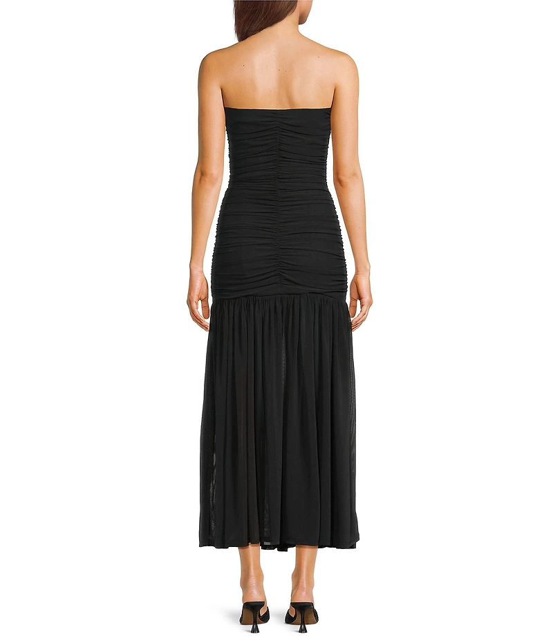 Dear Moon Strapless Shirred Mesh Maxi Dress