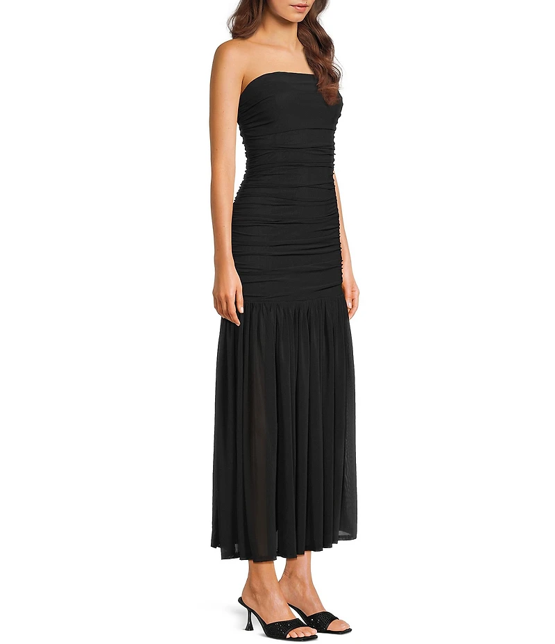 Dear Moon Strapless Shirred Mesh Maxi Dress