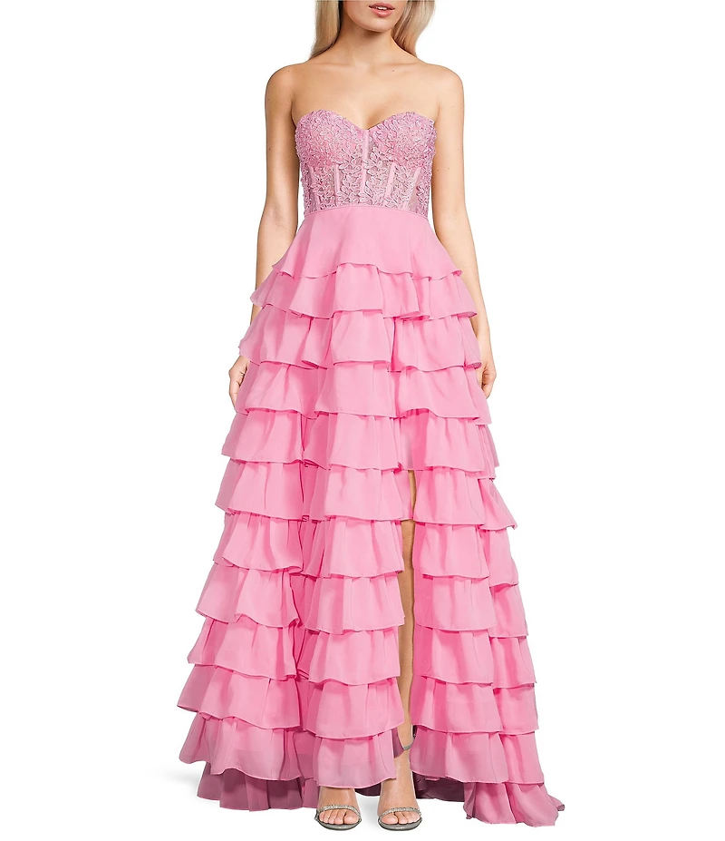 Dear Moon Strapless Sweetheart Neck Faux Pearl Applique Corset Tiered Lace Up Back Dress