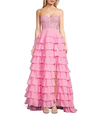 Dear Moon Strapless Sweetheart Neck Faux Pearl Applique Corset Tiered Lace Up Back Dress