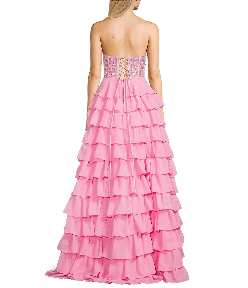 Dear Moon Strapless Sweetheart Neck Faux Pearl Applique Corset Tiered Lace Up Back Dress