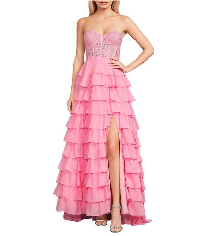 Dear Moon Strapless Sweetheart Neck Faux Pearl Applique Corset Tiered Lace Up Back Long Dress
