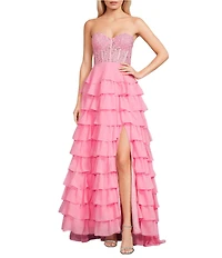 Dear Moon Strapless Sweetheart Neck Faux Pearl Applique Corset Tiered Lace Up Back Long Dress