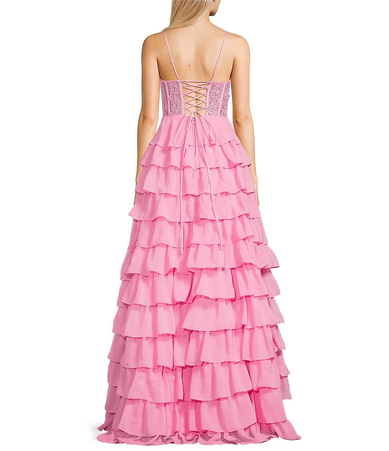 Dear Moon Strapless Sweetheart Neck Faux Pearl Applique Corset Tiered Lace Up Back Long Dress