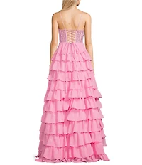 Dear Moon Strapless Sweetheart Neck Faux Pearl Applique Corset Tiered Lace Up Back Long Dress