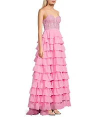 Dear Moon Strapless Sweetheart Neck Faux Pearl Applique Corset Tiered Lace Up Back Long Dress