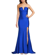 Dear Moon Strapless V-Neck Corseted Back Side Slit Dress