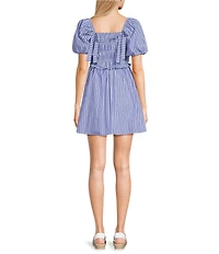 Dear Moon Striped Poplin Square Neck Short Puff Sleeve Bow Back Dress