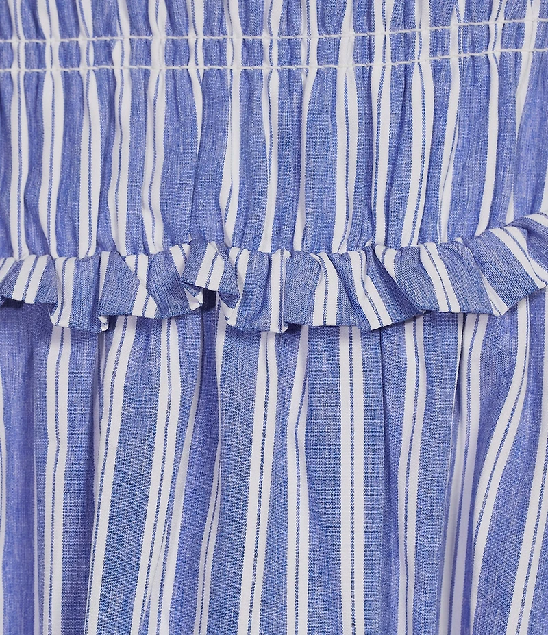 Dear Moon Striped Poplin Square Neck Short Puff Sleeve Bow Back Dress