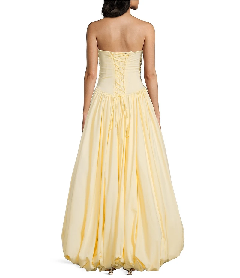Dear Moon Taffeta Strapless Drop Waist High-Low Bubble Hem Lace Up Back Ballgown