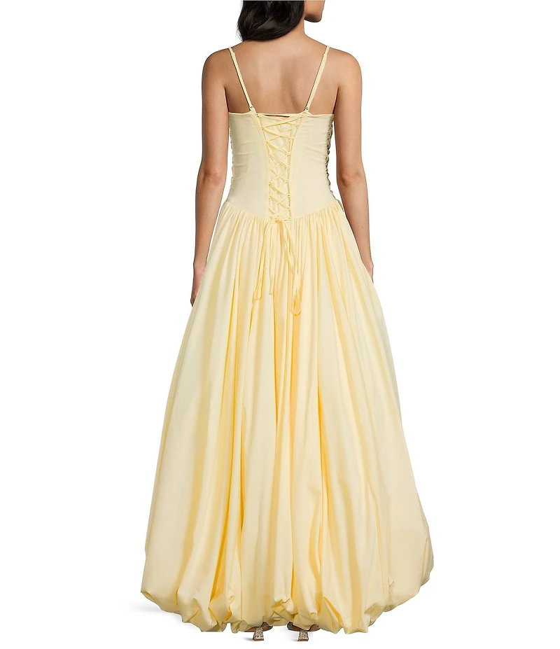 Dear Moon Taffeta Strapless Drop Waist High-Low Bubble Hem Lace Up Back Ballgown