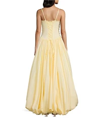 Dear Moon Taffeta Strapless Drop Waist High-Low Bubble Hem Lace Up Back Ballgown