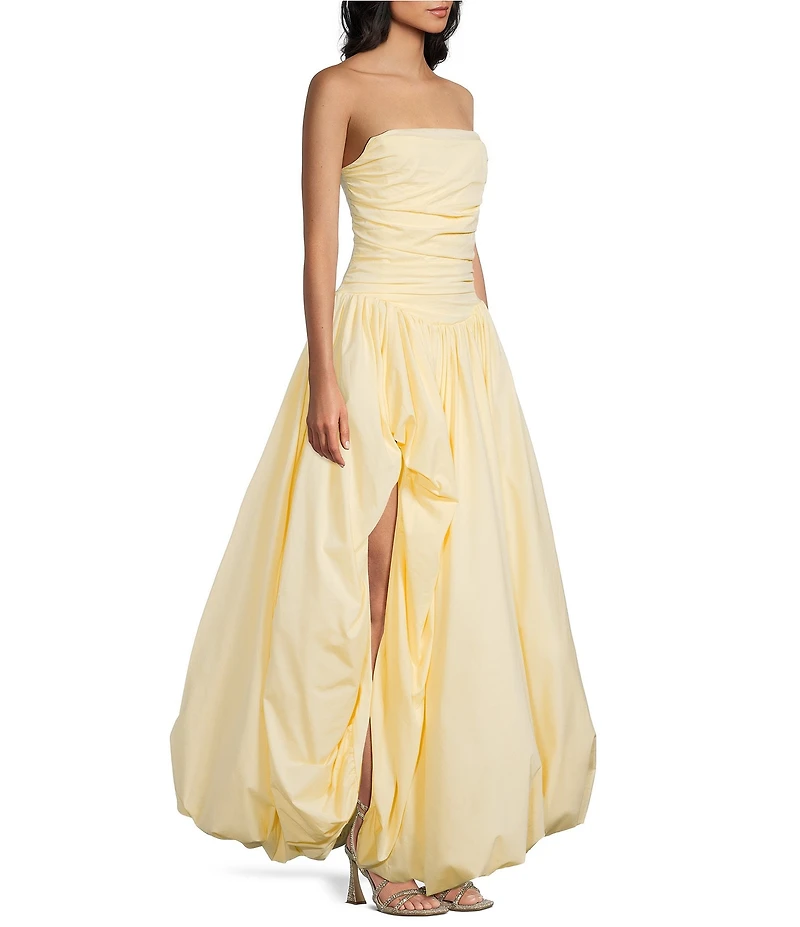 Dear Moon Taffeta Strapless Drop Waist High-Low Bubble Hem Lace Up Back Ballgown