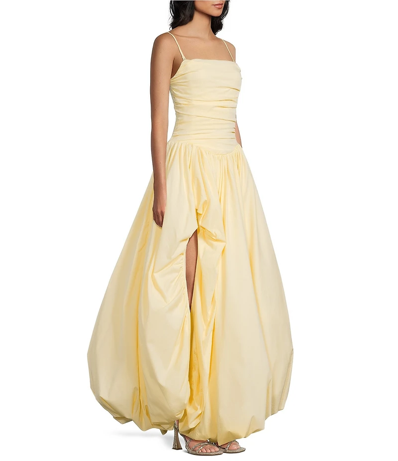 Dear Moon Taffeta Strapless Drop Waist High-Low Bubble Hem Lace Up Back Ballgown