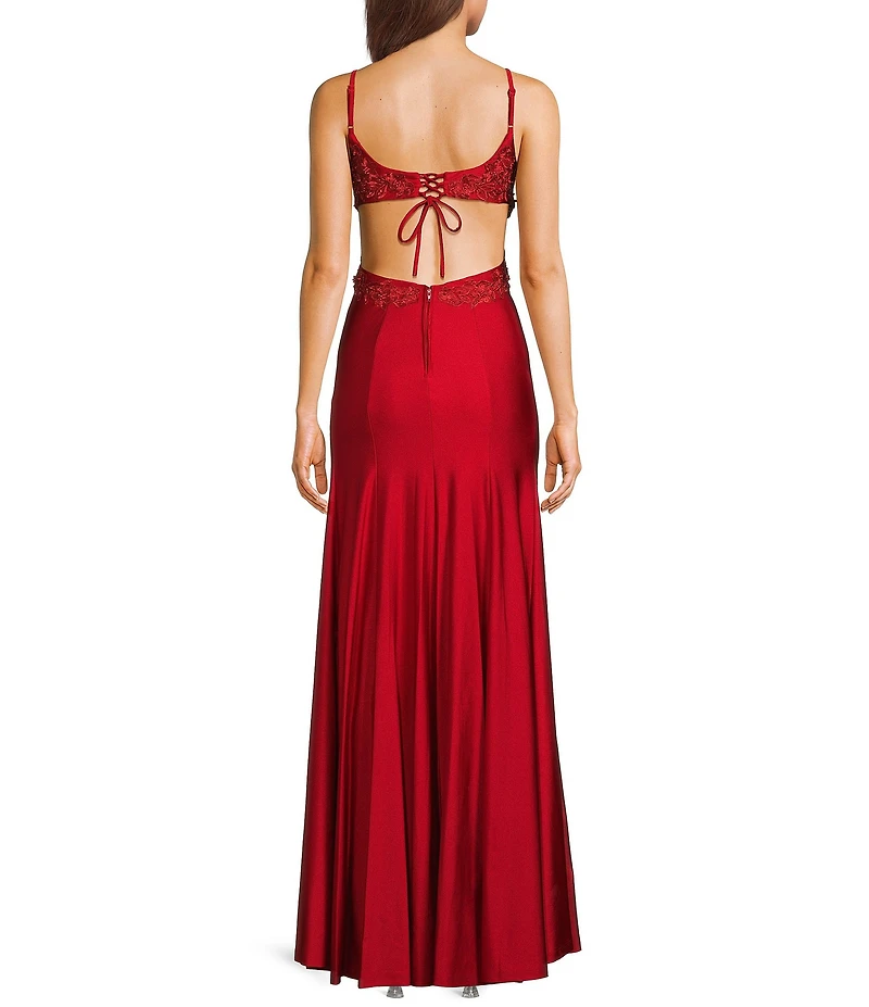 Dear Moon V-Neck Spaghetti Strap Embellished Double Princess Seam Cut Out Back Gown