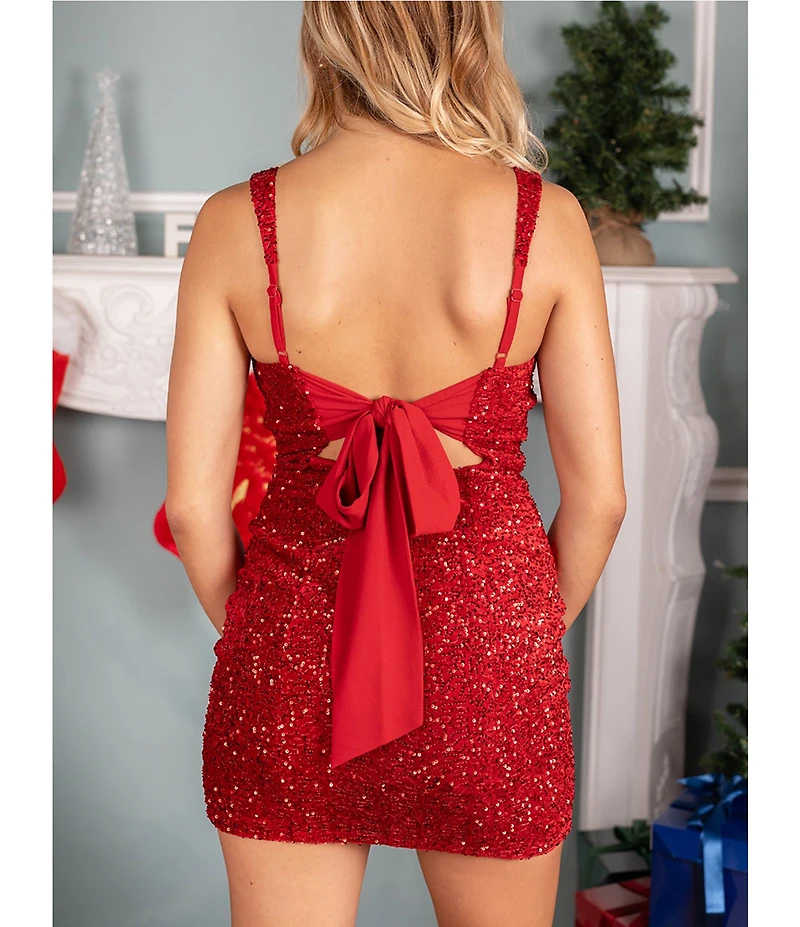 Dear Moon Velvet Sequin Square Neck Tie Back Dress