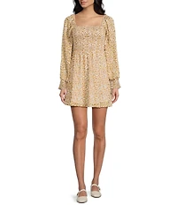 Dee Elly Ditsy Floral Print Square Neck Smocked Long Sleeve Dress