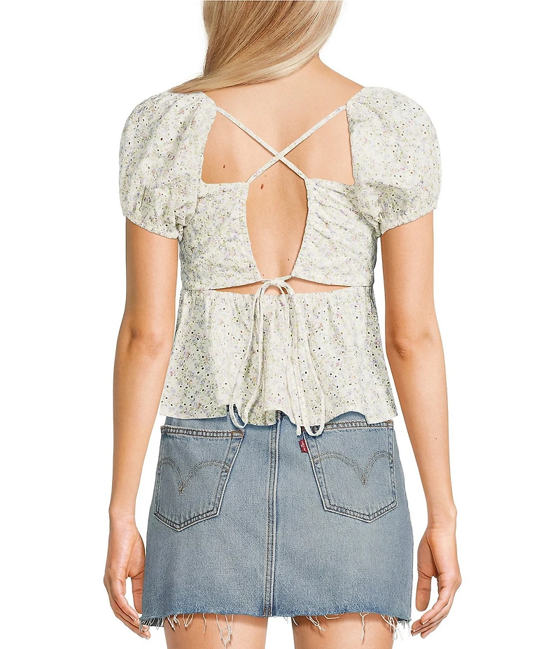 Dee Elly Floral Knit Short Sleeve Square Neck Flutter Babydoll Top