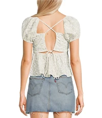 Dee Elly Floral Knit Short Sleeve Square Neck Flutter Babydoll Top