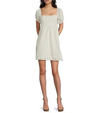 Dee Elly Floral Print Square Neck Short Puff Sleeve Dress