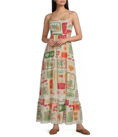 Dee Elly Postcard Print Square Neck Maxi Dress