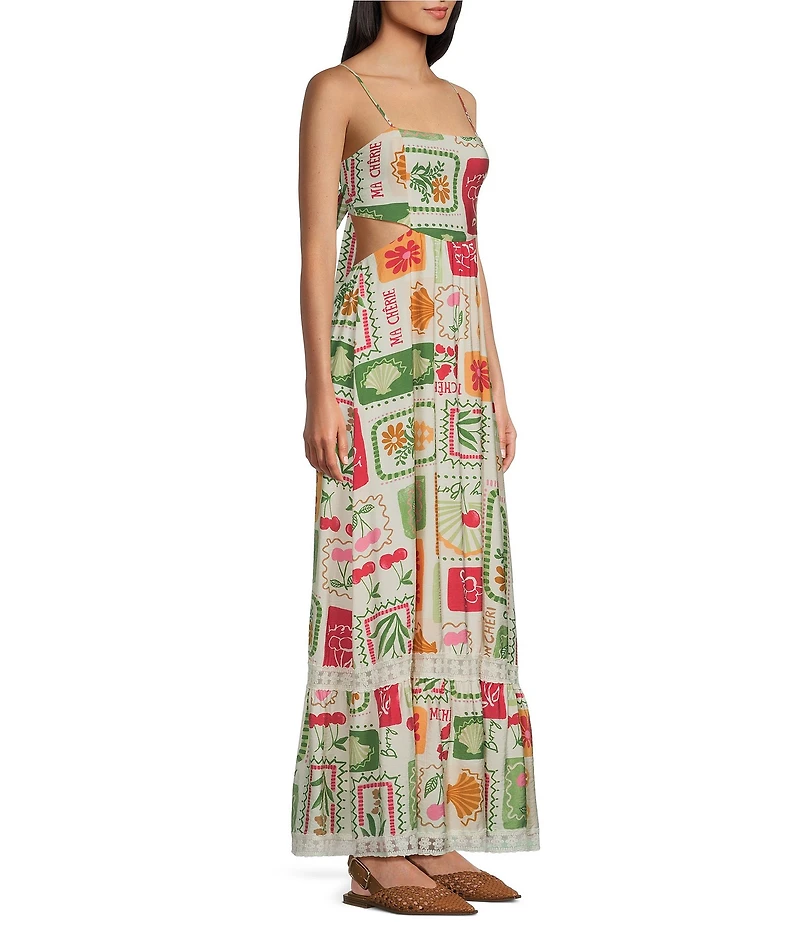 Dee Elly Postcard Print Square Neck Maxi Dress